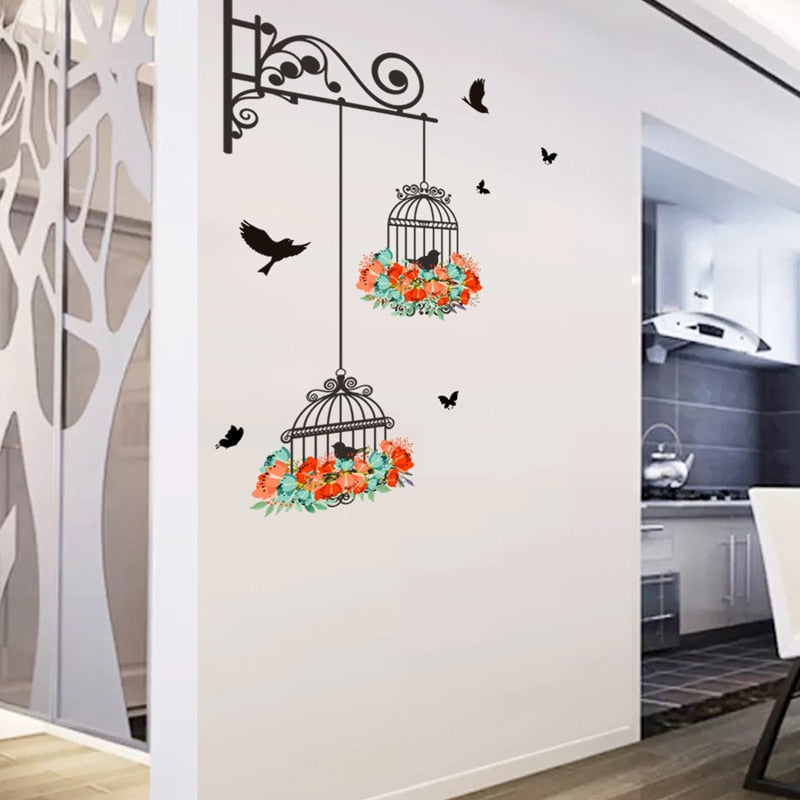 Flower birdcage flying birds wall sticker Creative home decor living room Decals wallpaper decor