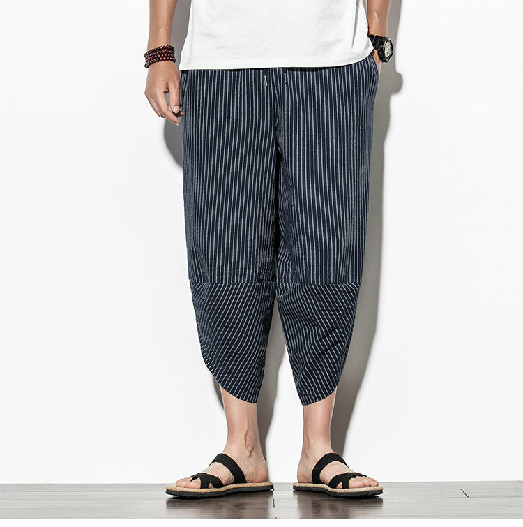 Baggy Cotton Harem Pants Japanese Vintage Striped Men Hip Hop Wide Leg Pants