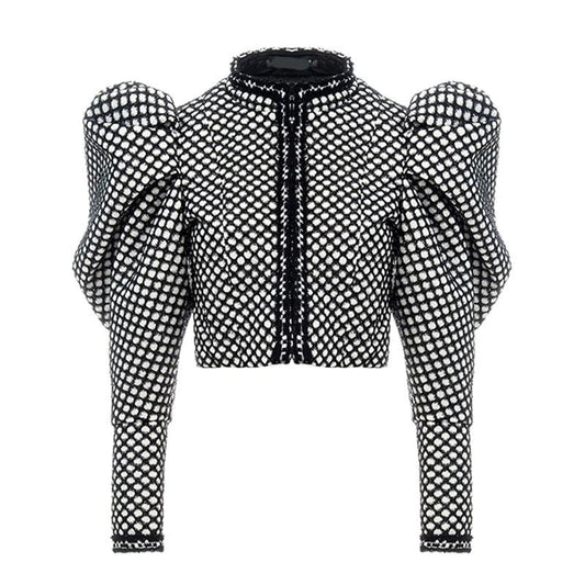 Ruched Plaid Coat For Women O Neck Puff Sleeve Short Female Coat Streetwear 