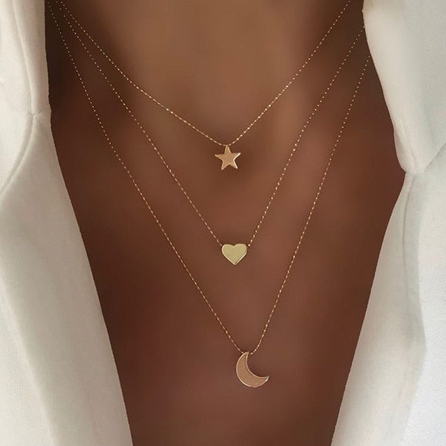 Bohemian Gold Moon Choker Chains Statement Star Map Heart Pendant Necklaces