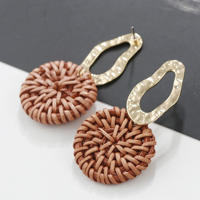 Handmade Wooden Straw Weave Rattan Vine Braid Drop Earrings Geometric