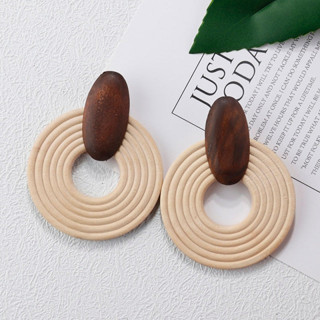 Handmade Wooden Straw Weave Rattan Vine Braid Drop Earrings Geometric