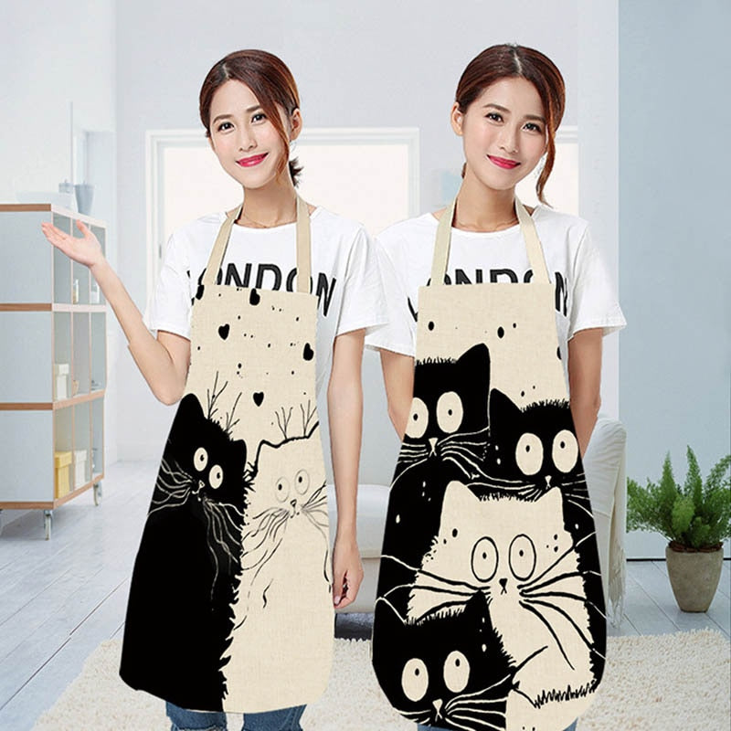 Cute Cartoon Cat Print Kitchen Apron Waterproof Cotton Linen Home Tools