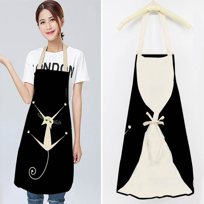 Cute Cartoon Cat Print Kitchen Apron Waterproof Cotton Linen Home Tools