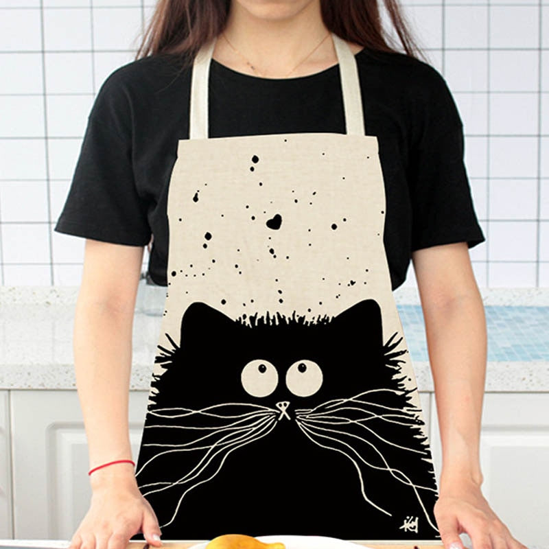 Cute Cartoon Cat Print Kitchen Apron Waterproof Cotton Linen Home Tools