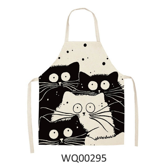 Cute Cartoon Cat Print Kitchen Apron Waterproof Cotton Linen Home Tools