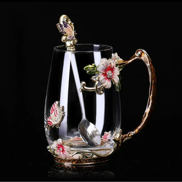 Coffee Cup Mug Flower Tea Glass Cups for Hot and Cold Drinks Tea Cup Spoon Set