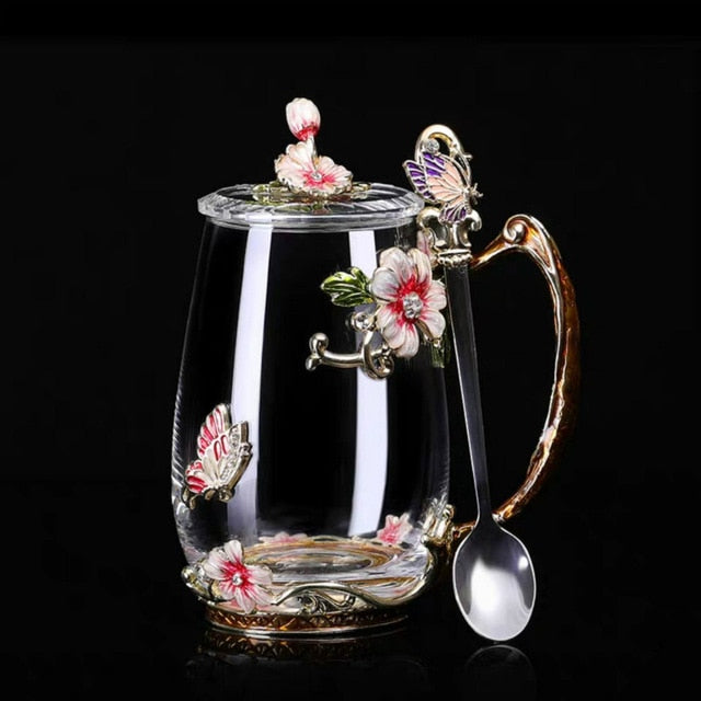 Coffee Cup Mug Flower Tea Glass Cups for Hot and Cold Drinks Tea Cup Spoon Set