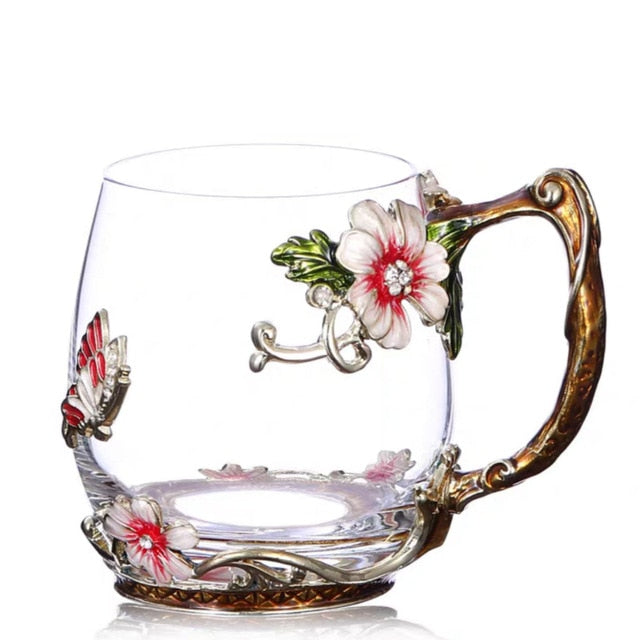 Coffee Cup Mug Flower Tea Glass Cups for Hot and Cold Drinks Tea Cup Spoon Set