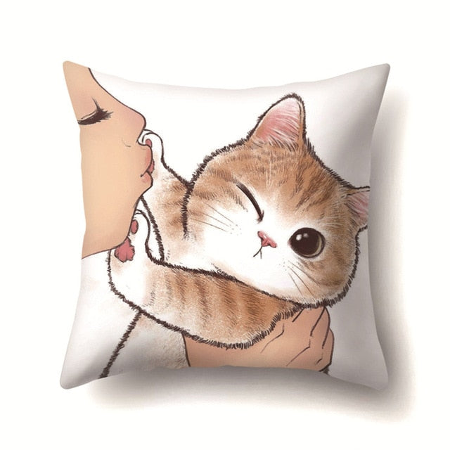 Cute Cat Cushion Cover Cartoon Animal Cat Polyester Throw Pillow Case Cover Decor Pillowcases