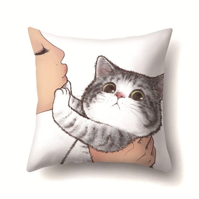 Cute Cat Cushion Cover Cartoon Animal Cat Polyester Throw Pillow Case Cover Decor Pillowcases