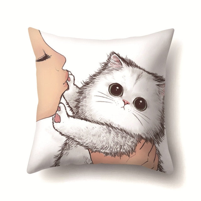 Cute Cat Cushion Cover Cartoon Animal Cat Polyester Throw Pillow Case Cover Decor Pillowcases