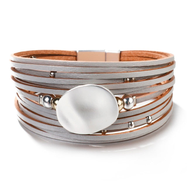 Metal Round Charm Leather Bracelets Fashion 14 Strips Bohemian Multilayer Wide Wrap