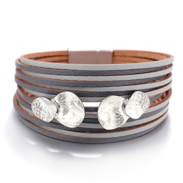 Metal Round Charm Leather Bracelets Fashion 14 Strips Bohemian Multilayer Wide Wrap