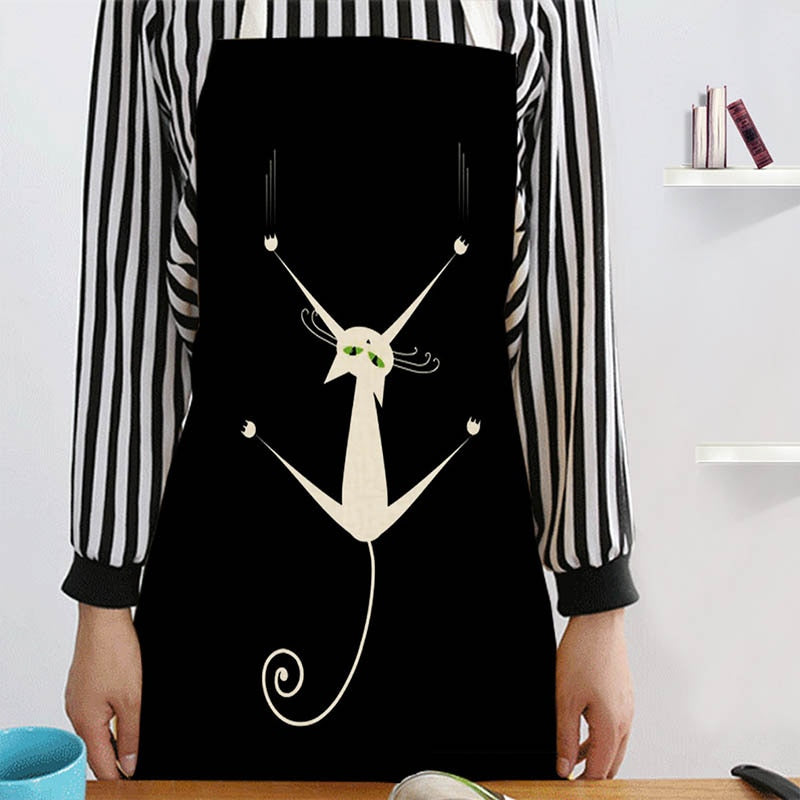 Cute Cartoon Cat Print Kitchen Apron Waterproof Cotton Linen Home Tools