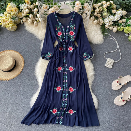 Women's Dress Travel Long Dress Retro Ethnic Style Embroidered V-neck