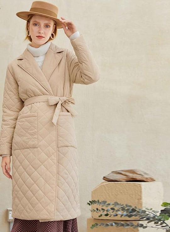 Long straight winter coat rhombus pattern Casual women parkas stylish outerwear