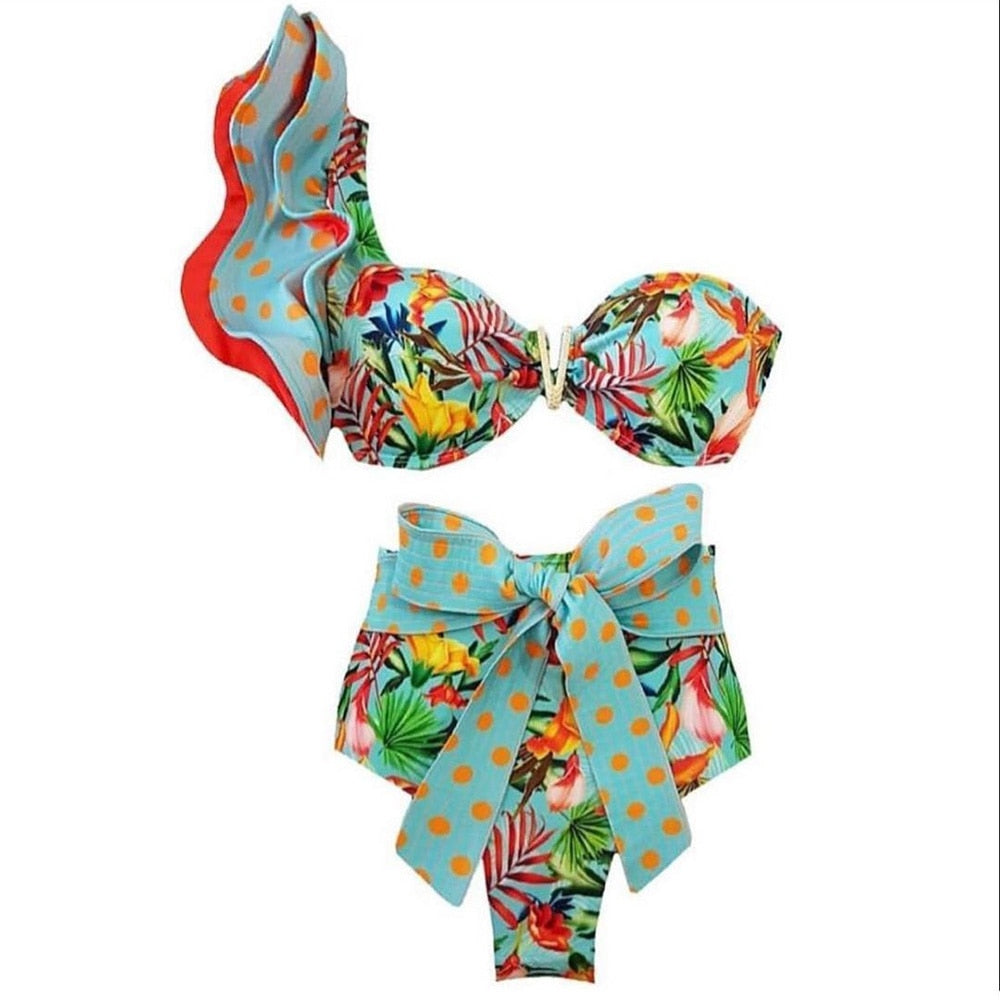 Conjunto de Bikini Floral de dos piezas para mujer, bañador con sujetador acolchado con volantes, traje de baño.