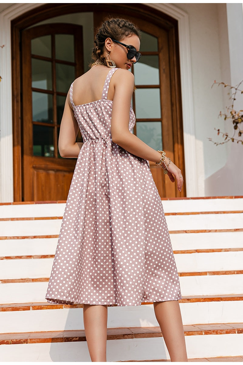 Casual Polka Dot Dress Sleeveless style high waist buttoned summer dresses