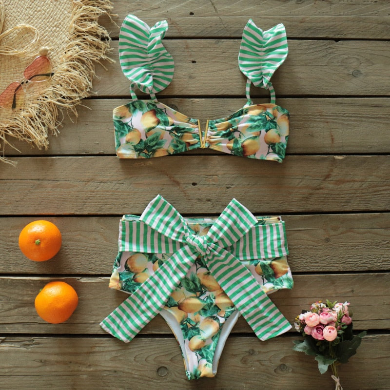 Two-Pieces Floral 2021 Push-Up Padded Bra Ruffles Bandage Bikini Set Swimsuit