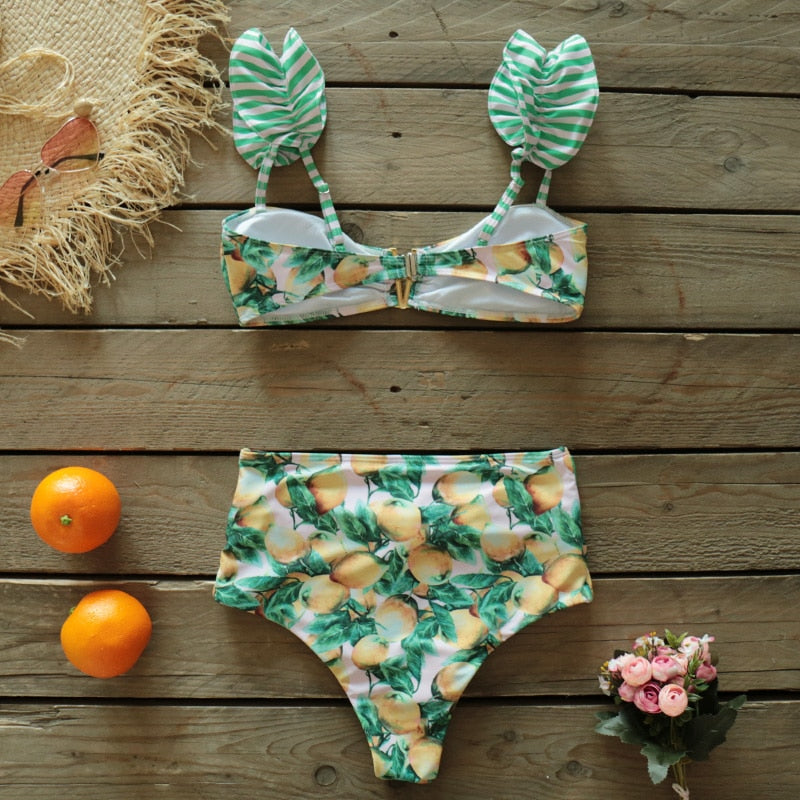 Two-Pieces Floral 2021 Push-Up Padded Bra Ruffles Bandage Bikini Set Swimsuit