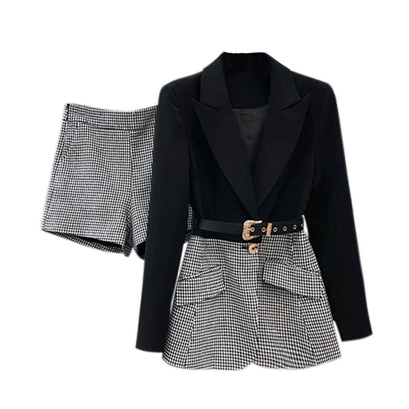 Two Piece Set For Women Lapel Long Sleeve Sashes Blazer Casual Patchwork