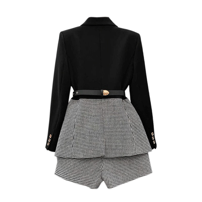 Two Piece Set For Women Lapel Long Sleeve Sashes Blazer Casual Patchwork