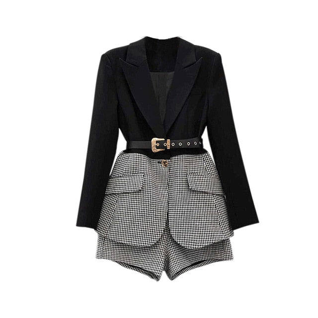 Two Piece Set For Women Lapel Long Sleeve Sashes Blazer Casual Patchwork