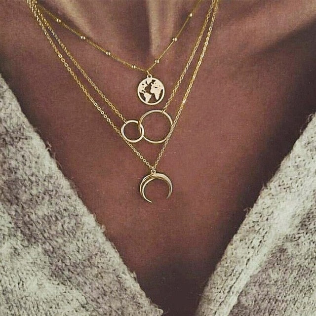 Bohemian Gold Moon Choker Chains Statement Star Map Heart Pendant Necklaces