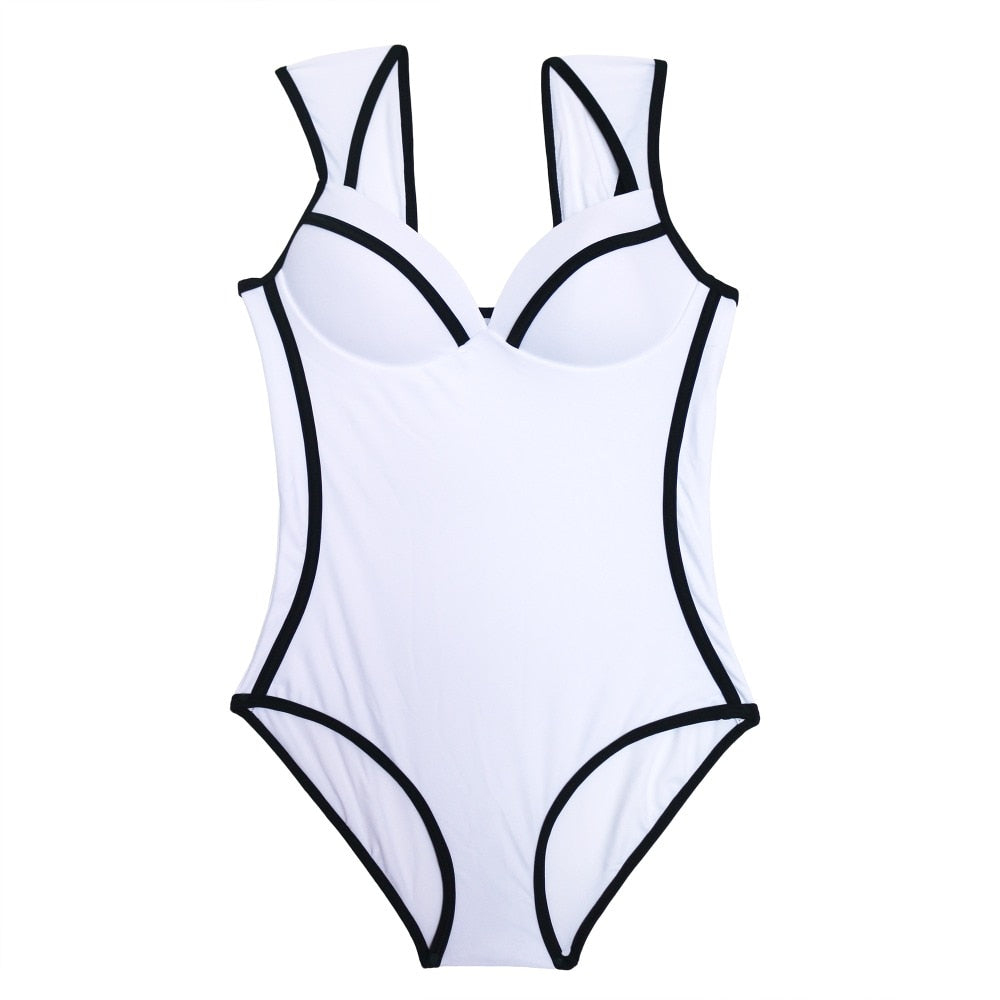 Retro Black White Striped Push Up One Piece Swimsuit Bodysuit Ladies 2021 Swimwear