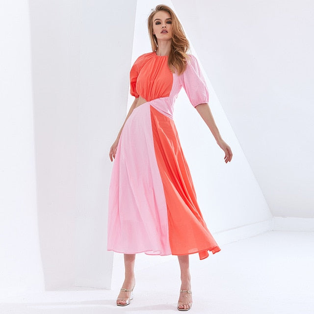 Patchwork Hit Color Asymmetrical Dress  Puff Sleeve High Waist Hollow Out