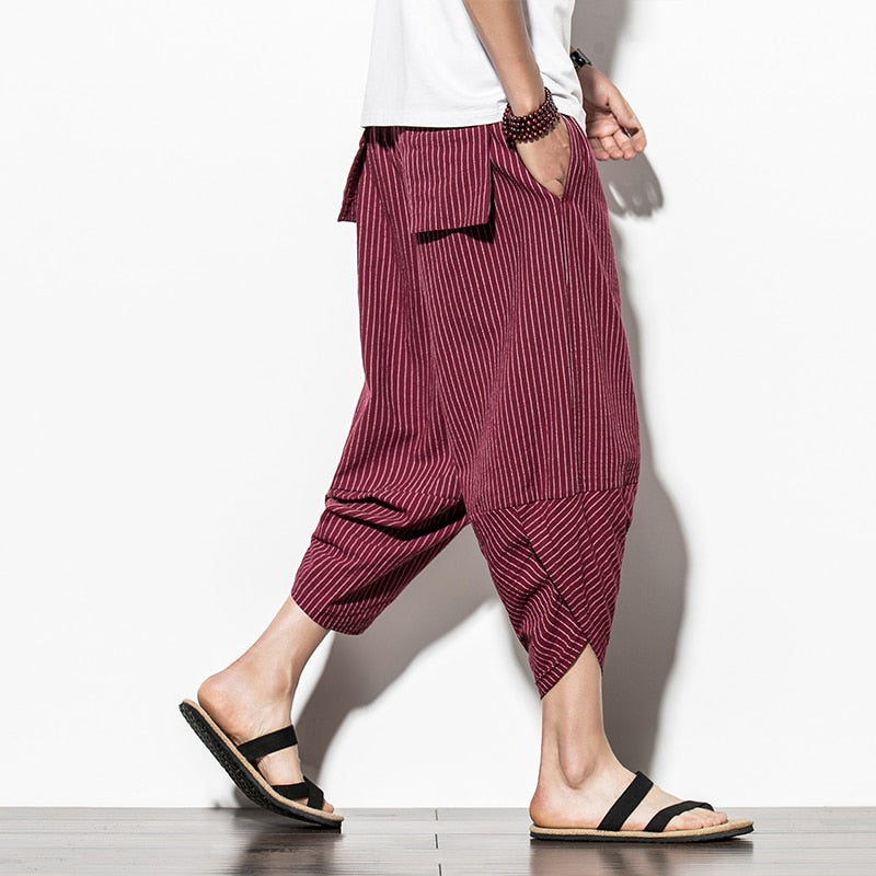 Baggy Cotton Harem Pants Japanese Vintage Striped Men Hip Hop Wide Leg Pants