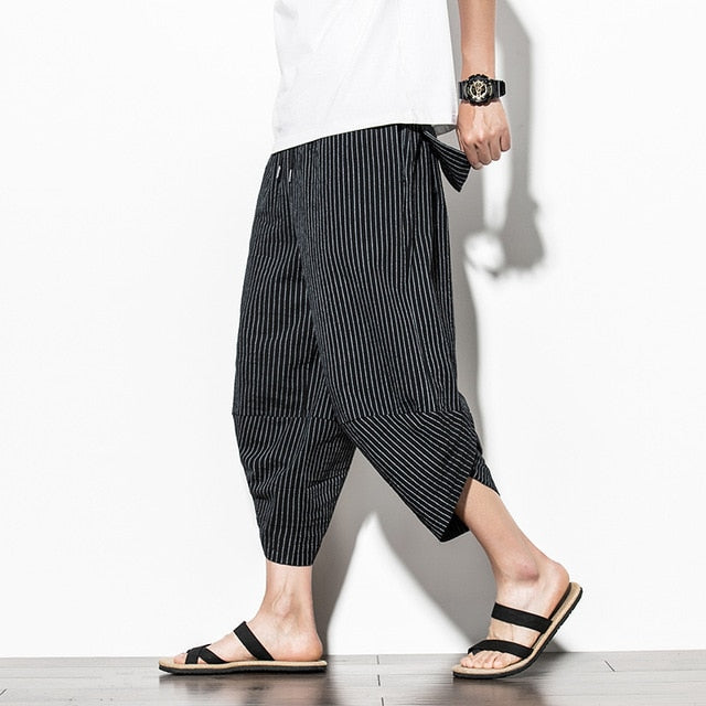 Baggy Cotton Harem Pants Japanese Vintage Striped Men Hip Hop Wide Leg Pants