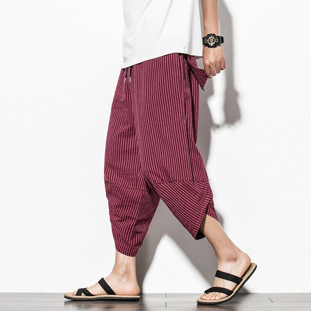 Baggy Cotton Harem Pants Japanese Vintage Striped Men Hip Hop Wide Leg Pants