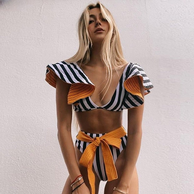 Two-Pieces Floral 2021 Push-Up Padded Bra Ruffles Bandage Bikini Set Swimsuit