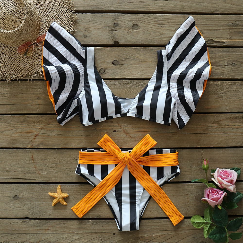 Two-Pieces Floral 2021 Push-Up Padded Bra Ruffles Bandage Bikini Set Swimsuit