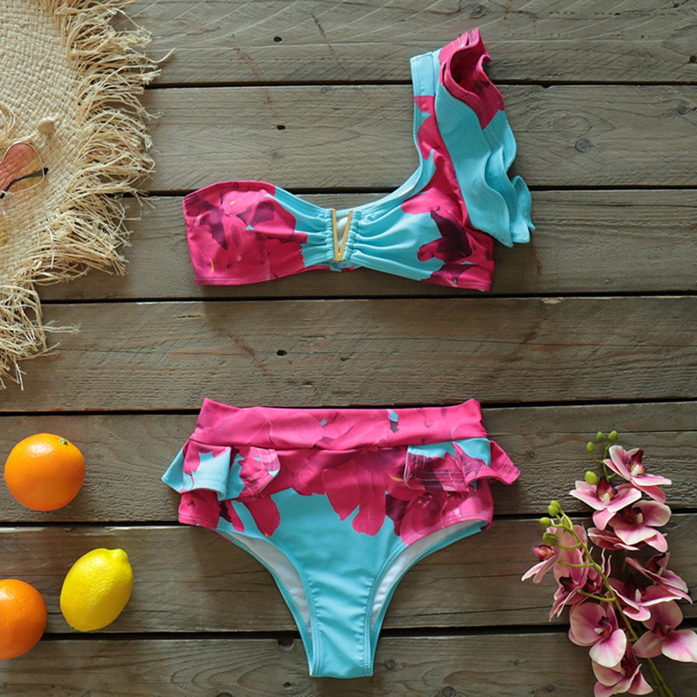 Conjunto de Bikini Floral de dos piezas para mujer, bañador con sujetador acolchado con volantes, traje de baño.