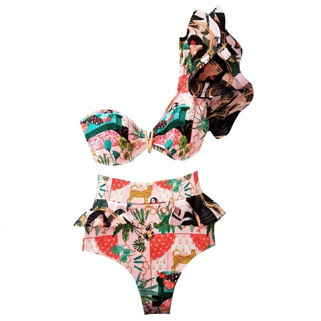 Two-Pieces Floral 2021 Push-Up Padded Bra Ruffles Bandage Bikini Set Swimsuit