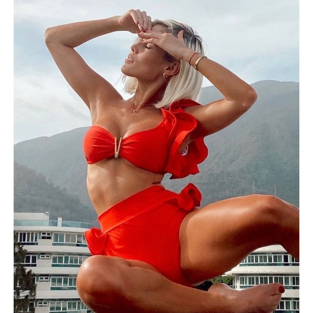 Two-Pieces Floral 2021 Push-Up Padded Bra Ruffles Bandage Bikini Set Swimsuit