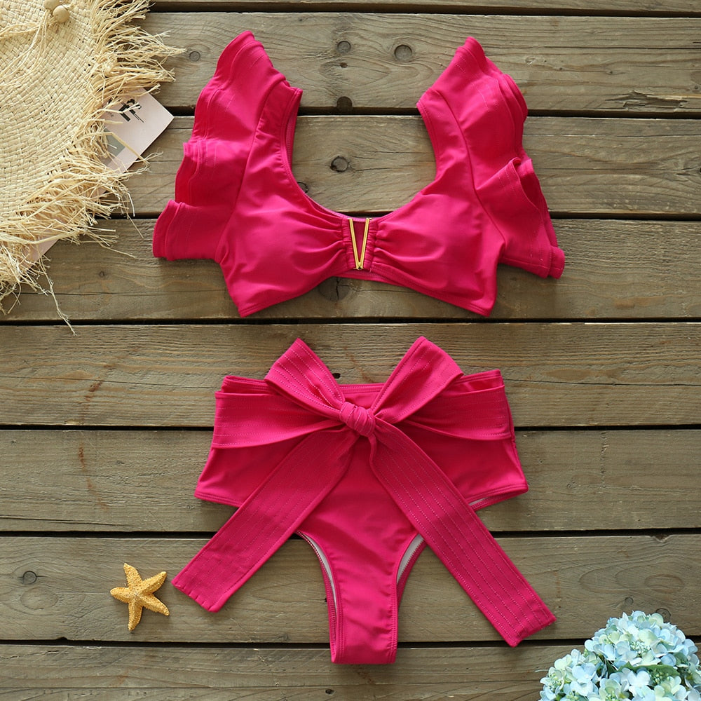 Two-Pieces Floral 2021 Push-Up Padded Bra Ruffles Bandage Bikini Set Swimsuit