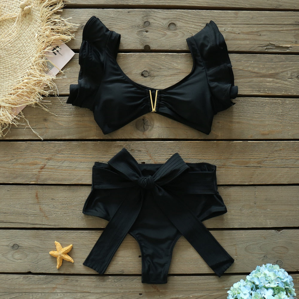 Two-Pieces Floral 2022 Push-Up Padded Bra Ruffles Bandage Bikini Set Swimsuit