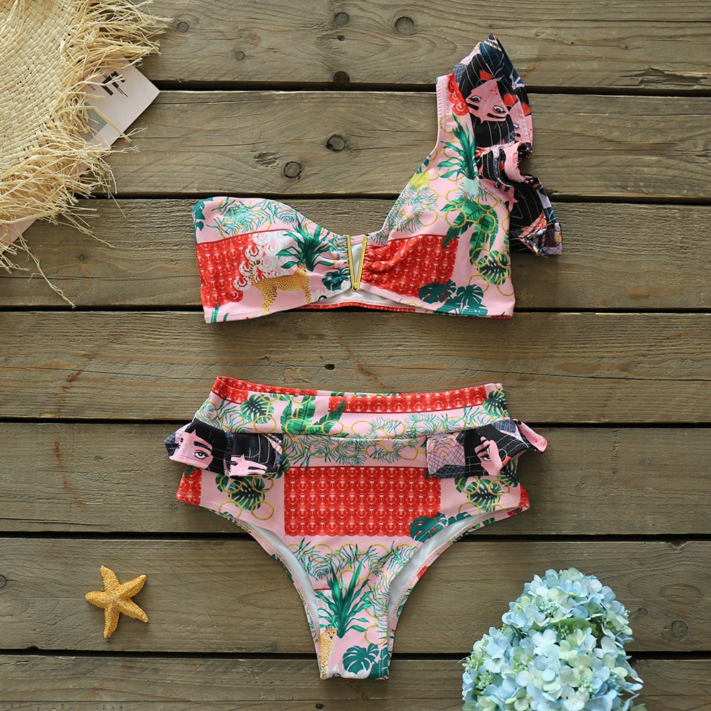 Two-Pieces Floral 2021 Push-Up Padded Bra Ruffles Bandage Bikini Set Swimsuit