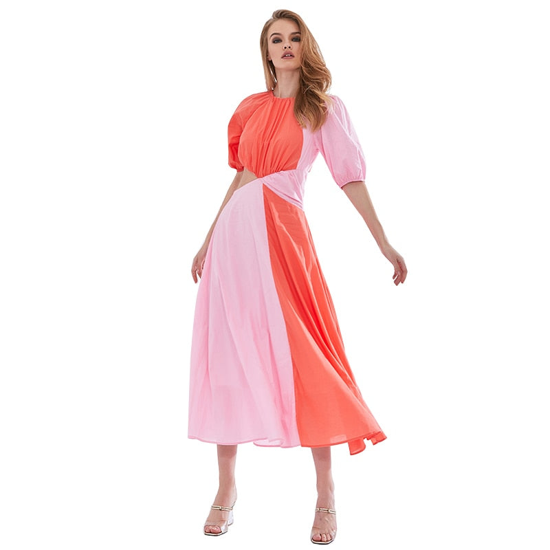 Patchwork Hit Color Asymmetrical Dress  Puff Sleeve High Waist Hollow Out