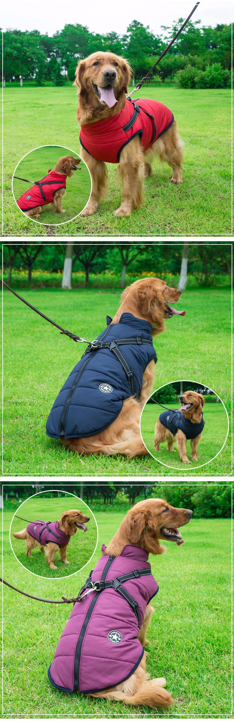 Large Pet Dog Jacket With Harness Winter Warm Dog Clothes Waterproof Big Dog Coat