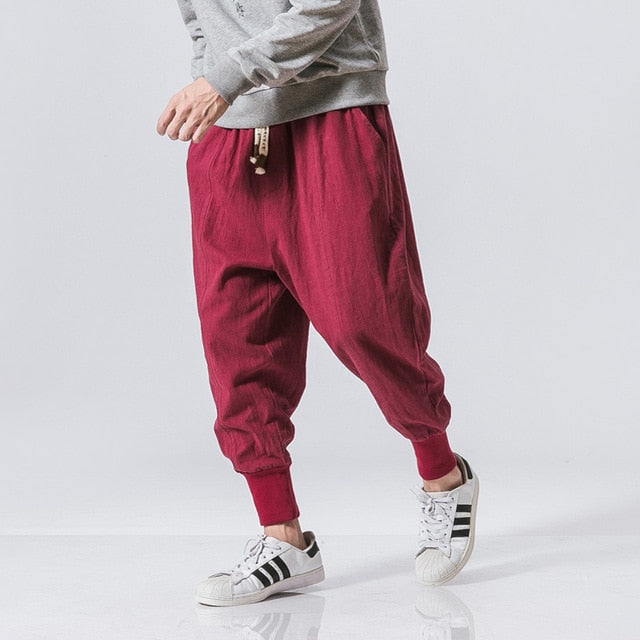 Cotton Harem Pants Men Streetwear Joggers Baggy Drop-crotch Casual Trousers