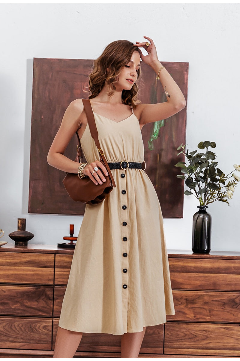 Casual Polka Dot Dress Sleeveless style high waist buttoned summer dresses