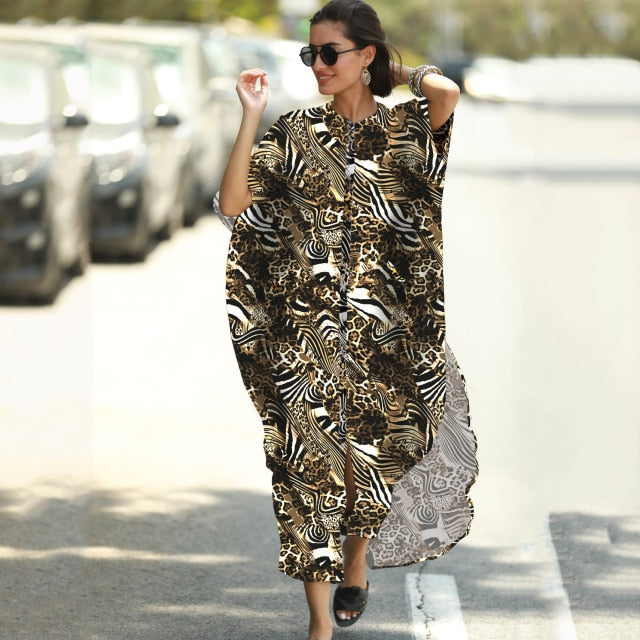 Causal Button Front Summer Beach Dress Tunic Women Plus Size Clothes Maxi Dresses