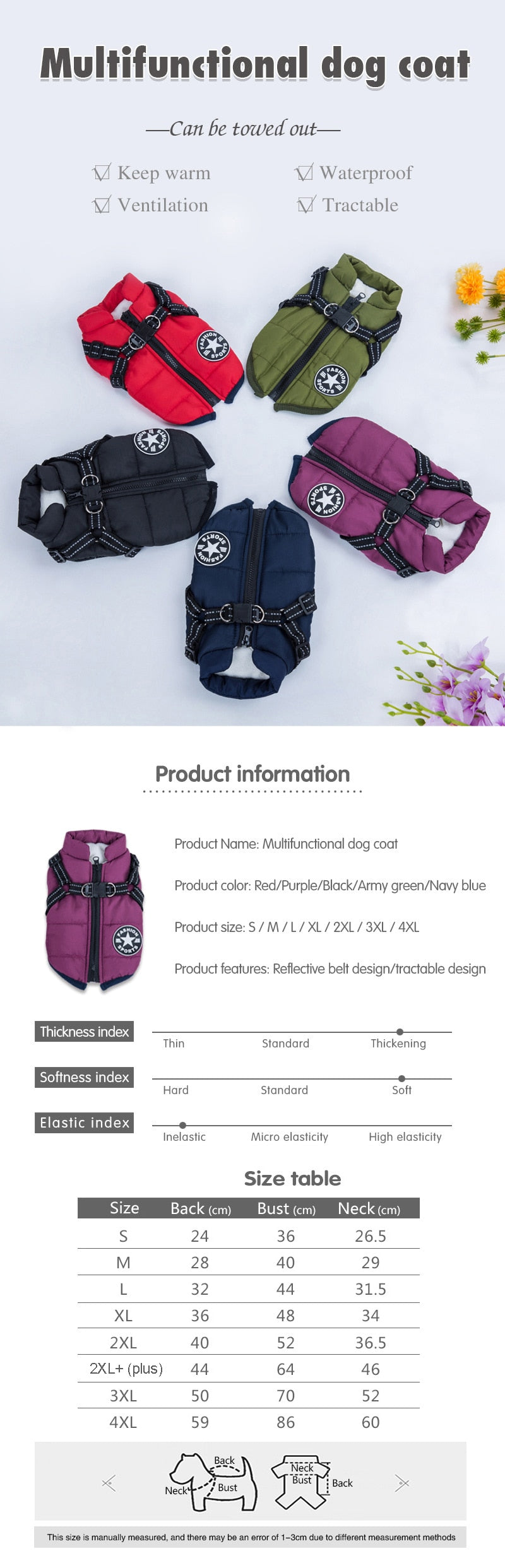 Large Pet Dog Jacket With Harness Winter Warm Dog Clothes Waterproof Big Dog Coat