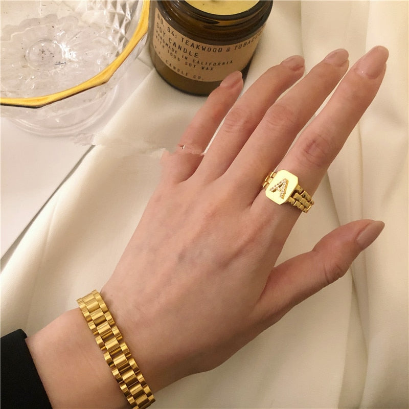 18k Gold Plated AAA Zircon A-Z Letter Ring Watchband Square Statement Gold Initial
