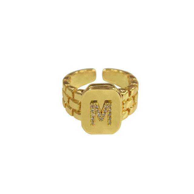 18k Gold Plated AAA Zircon A-Z Letter Ring Watchband Square Statement Gold Initial